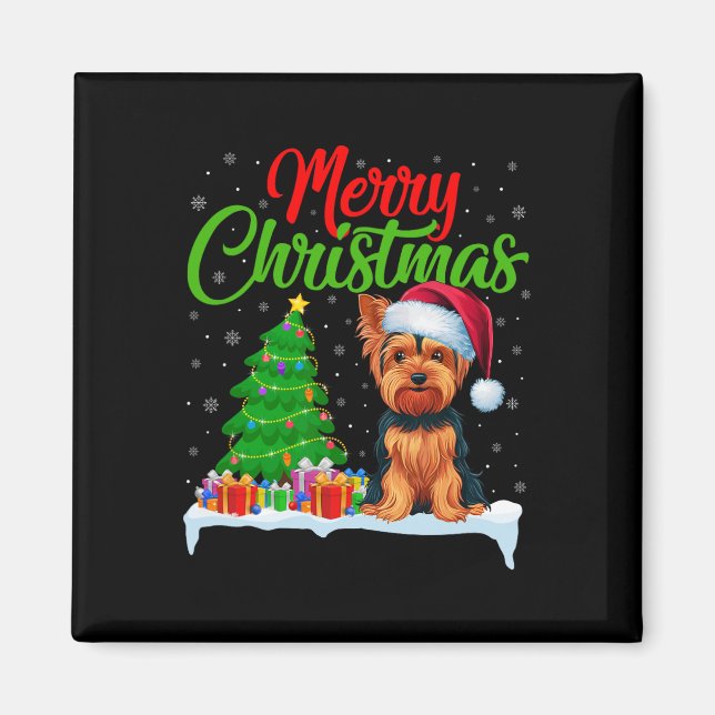 Yorkshire Terrier Christmas Tree Lights Funny Xmas Magnet (Front)
