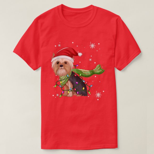 Yorkshire Terrier Christmas Tree Lights Funny Xmas T-Shirt (Design Front)