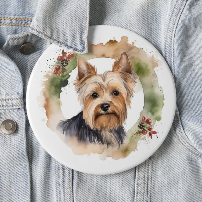 Yorkshire Terrier Christmas Wreath Festive Pup 6 Cm Round Badge (In Situ)