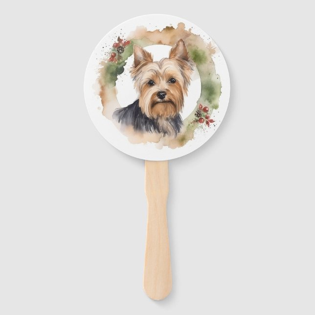Yorkshire Terrier Christmas Wreath Festive Pup Hand Fan (Front)