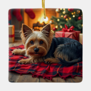 Yorkshire Terrier Cozy Christmas Evening Painting Ceramic Ornament