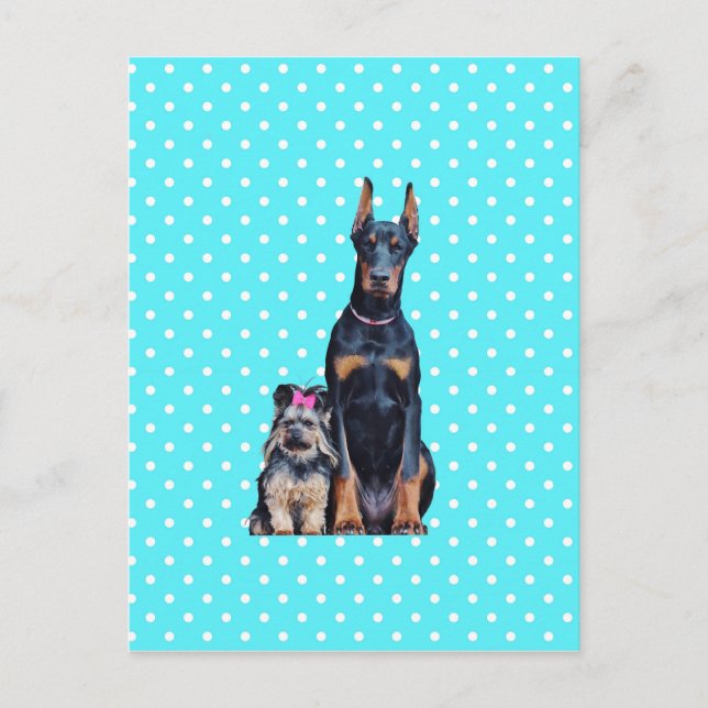 Yorkshire Terrier Doberman Blue Polka Dots Postcard (Front)