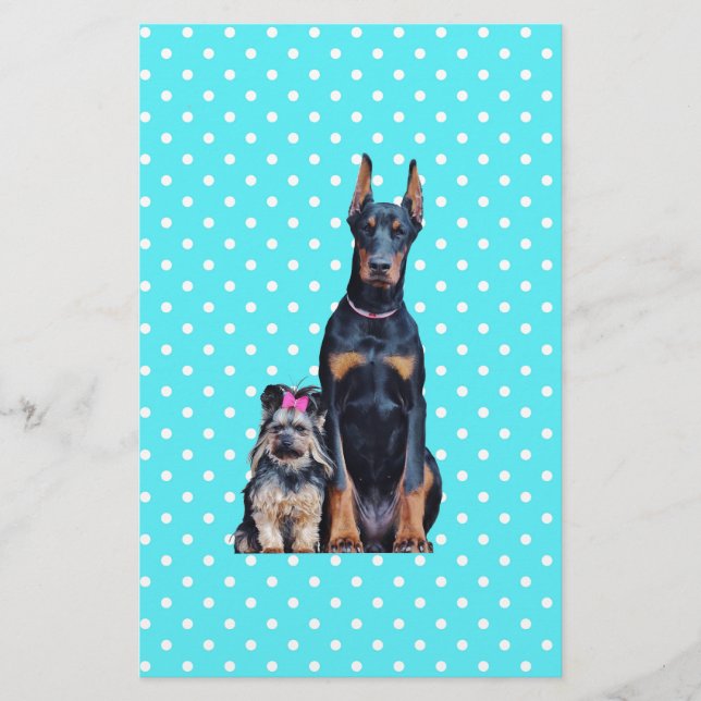 Yorkshire Terrier Doberman Blue Polka Dots Stationery (Front)