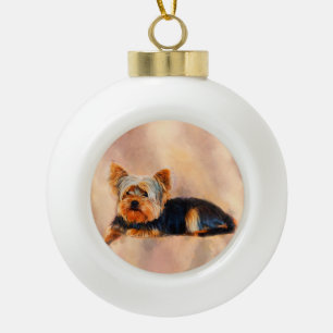 Yorkshire Terrier Dog Art Watercolor Portrait Ceramic Ball Christmas Ornament