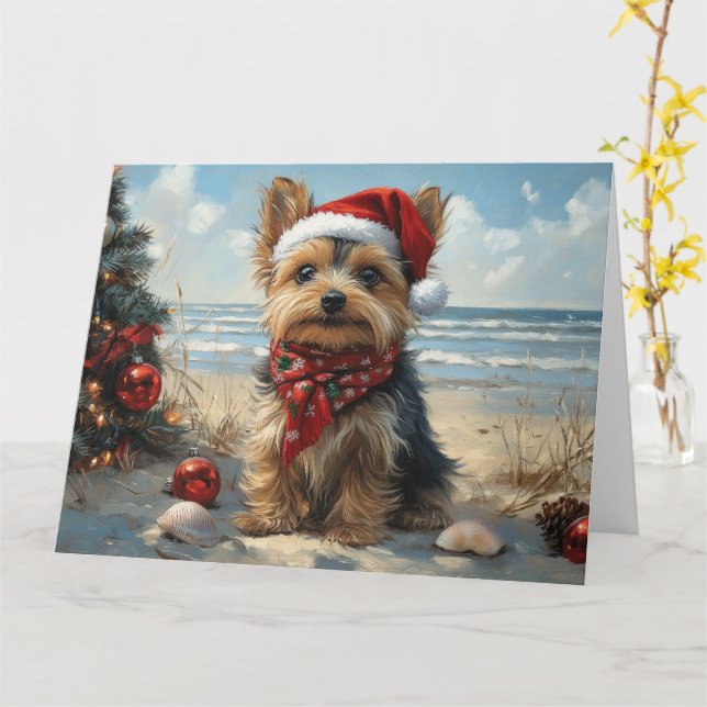 Yorkshire Terrier Dog Christmas Vintage Beach  Card (Yellow Flower)