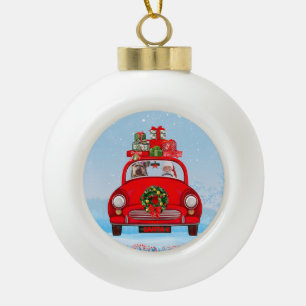 Yorkshire Terrier Dog In Car With Santa Claus Ceramic Ball Christmas Ornament