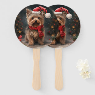 Yorkshire Terrier Dog in Snow Christmas Hand Fan