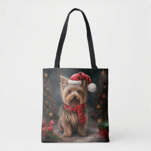 Yorkshire Terrier Dog in Snow Christmas Tote Bag