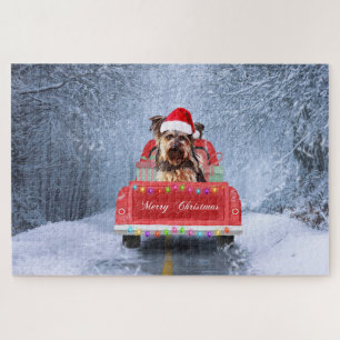 Yorkshire Terrier Dog in Snow sitting in Christmas Jigsaw Puzzle