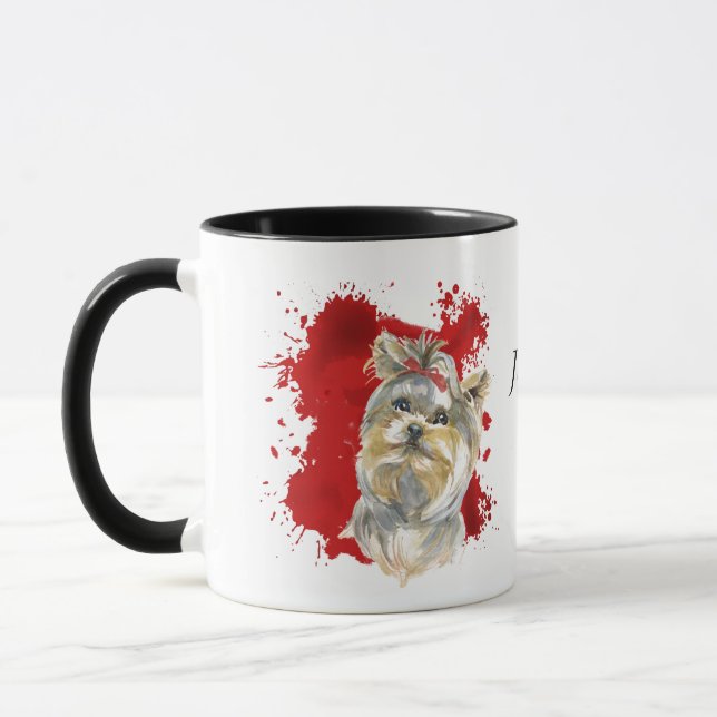Yorkshire Terrier Dog Red Abstract Background Mug (Left)
