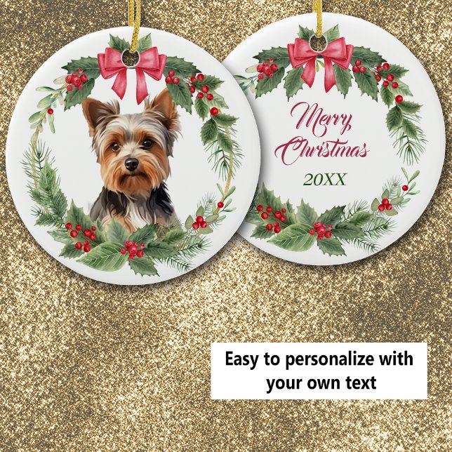 Yorkshire Terrier Dog Red Bow Holly Wreath Ceramic Tree Decoration (Creator Uploaded)