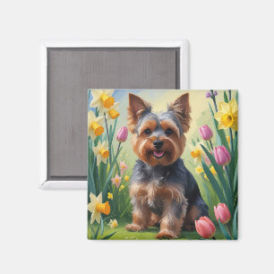 Yorkshire Terrier Dog Spring Flowers Painting Magnet