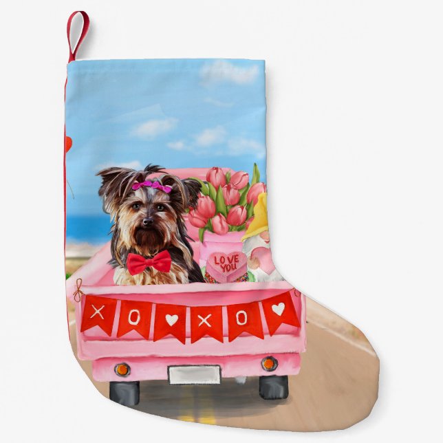 Yorkshire Terrier Dog Valentine's Day Truck Hearts Small Christmas Stocking (Front)