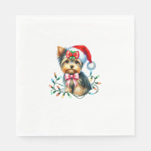 Yorkshire Terrier Dog With Coquette Bow Christmas  Napkin
