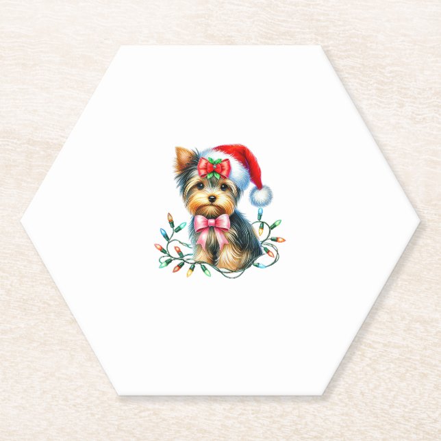 Yorkshire Terrier Dog With Coquette Bow Christmas  Paper Coaster (Front)