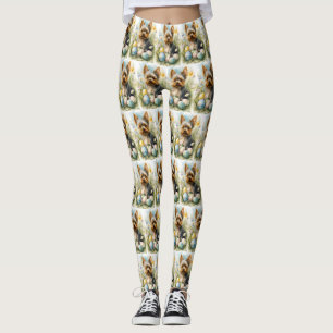 Yorkshire Terrier Dog With Easter Eggs Holiday  Leggings
