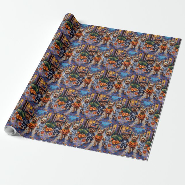 Yorkshire Terrier Dogs in Halloween Costumes Wrapping Paper (Unrolled)