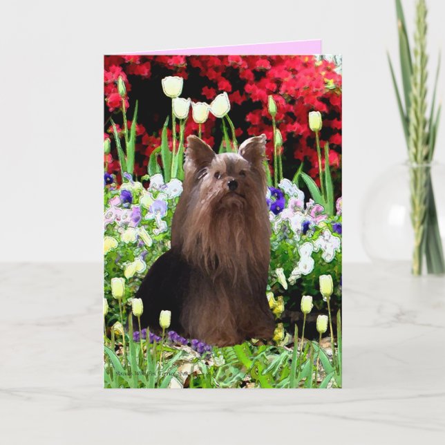 Yorkshire Terrier & Flowers Thank You Card (Front)