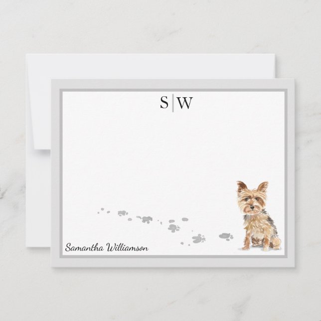 Yorkshire Terrier Grey Border Monogram Personalise Card (Front)