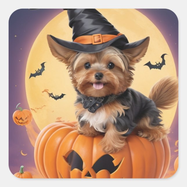 Yorkshire terrier halloween pumpkin square sticker (Front)