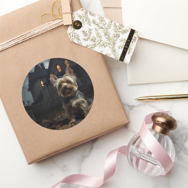 Yorkshire Terrier Halloween Scary  Classic Round Sticker (Gifting)