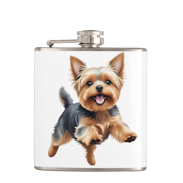 Yorkshire Terrier Happy Playful Fun Jumping Joyful Hip Flask (Front)