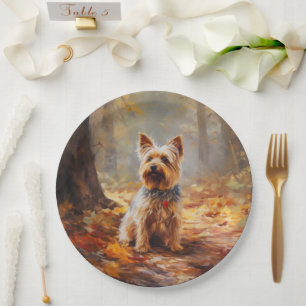 Yorkshire Terrier in Autumn Leaves Fall Inspire Paper Plate