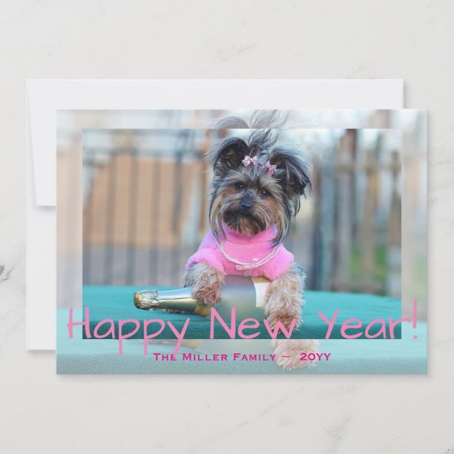 Yorkshire Terrier in Pink Happy New Year Dog Photo Holiday Card (Front)