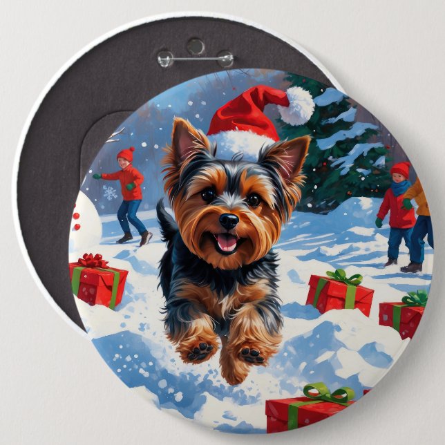 Yorkshire Terrier in Snow with Christmas Hat 6 Cm Round Badge (Front & Back)