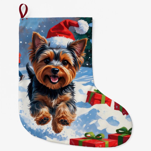 Yorkshire Terrier in Snow with Christmas Hat Large Christmas Stocking (Front)