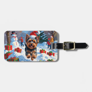 Yorkshire Terrier in Snow with Christmas Hat Luggage Tag