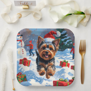 Yorkshire Terrier in Snow with Christmas Hat Paper Plate