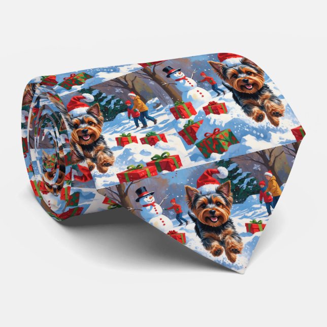 Yorkshire Terrier in Snow with Christmas Hat Tie (Rolled)