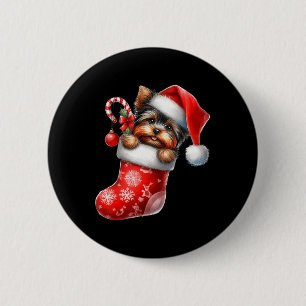 Yorkshire Terrier In Sock Christmas Santa Hat Xmas 6 Cm Round Badge