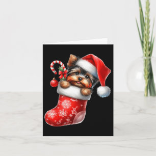 Yorkshire Terrier In Sock Christmas Santa Hat Xmas Card