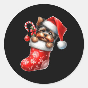 Yorkshire Terrier In Sock Christmas Santa Hat Xmas Classic Round Sticker