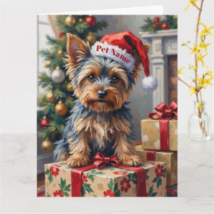 Yorkshire Terrier on Presents with Santa Hat Card