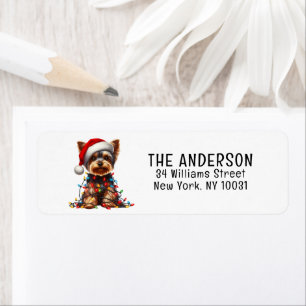 Yorkshire Terrier On Santa Hat And Christmas Light