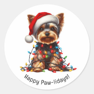 Yorkshire Terrier On Santa Hat And Christmas Light Classic Round Sticker