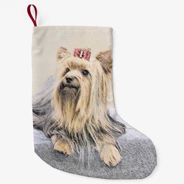 Yorkshire Terrier Painting - Cute Original Dog Art Small Christmas Stocking (Front)
