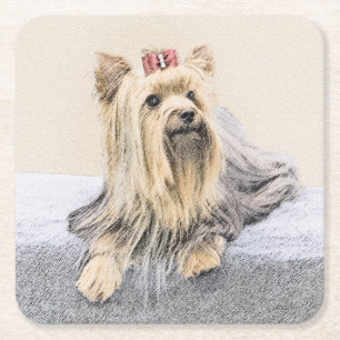 Yorkshire Terrier Painting - Cute Original Dog Art Square Paper Coaster