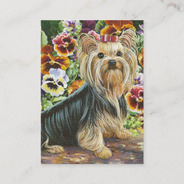 Yorkshire Terrier & Pansies Painting Business Card (Front)