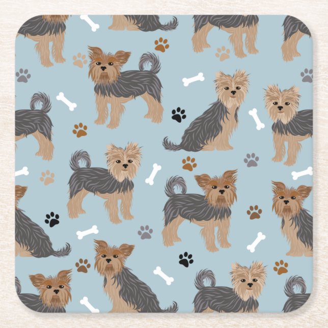 Yorkshire Terrier Paws and Bones Yorkie Dog Square Paper Coaster (Front)