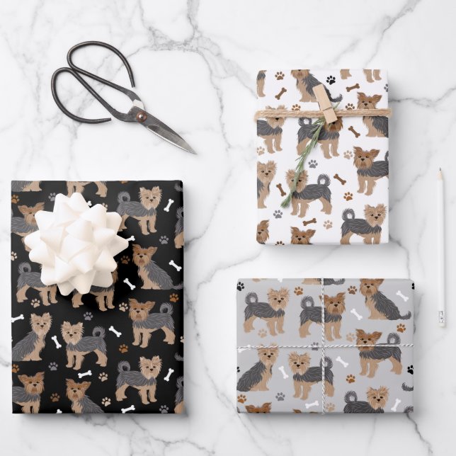 Yorkshire Terrier Paws and Bones Yorkie Dog Wrapping Paper Sheet (Front)