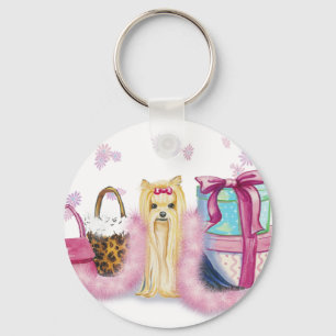 Yorkshire Terrier Pink Feather Boa Key Chain