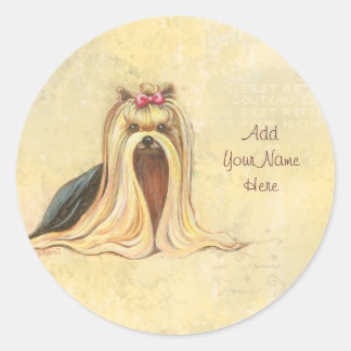 Yorkshire Terrier Portrait in Beige w Script Classic Round Sticker