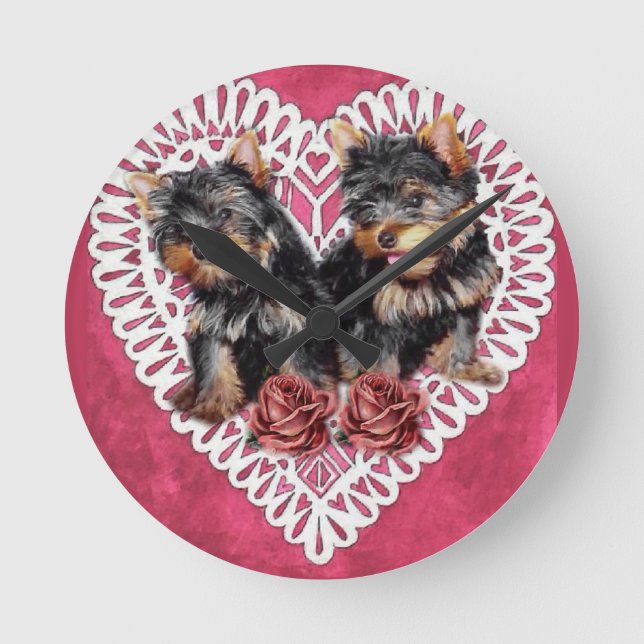 Yorkshire Terrier Puppies Valentines Round Clock (Front)