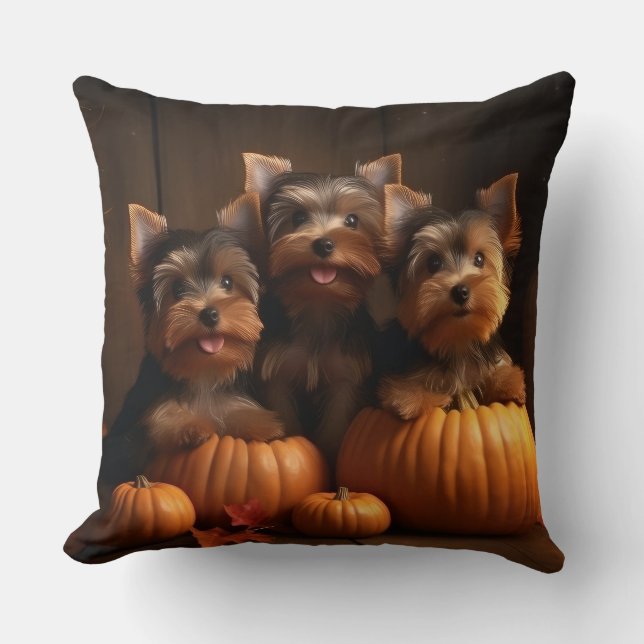 Yorkshire Terrier Puppy Autumn Delight Pumpkin  Cushion (Front)