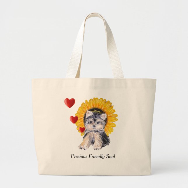 Yorkshire Terrier puppy dog, hearts & sunflower Large Tote Bag (Front)