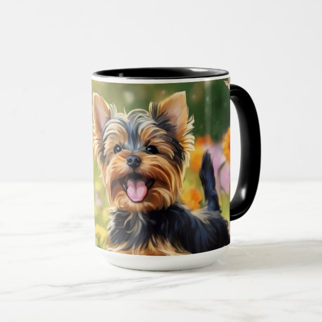 Yorkshire Terrier Puppy Field of Flowers Mug (Front Right)